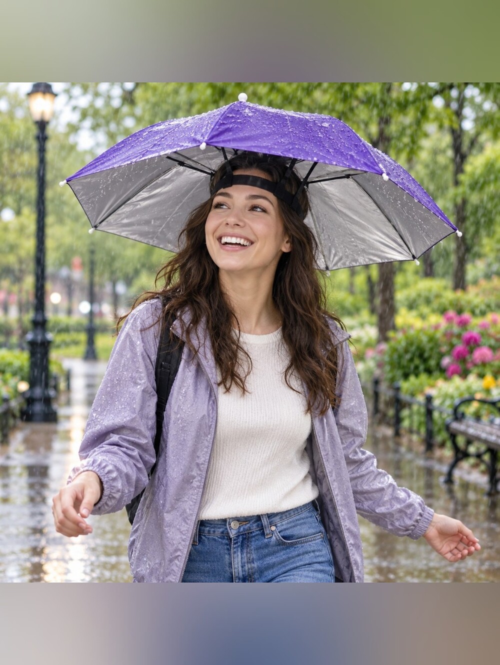 Purple Hands-Free Umbrella Hat Adjustable Head Strap Fishing Gardening 30”